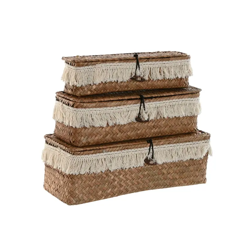Basket Set Home Esprit White Natural Natural Fibre Boho Worn 32 X 12 X 10 Cm 3 Pieces 1