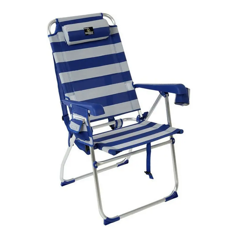 Folding Chair With Headrest Blue/White Striped 1