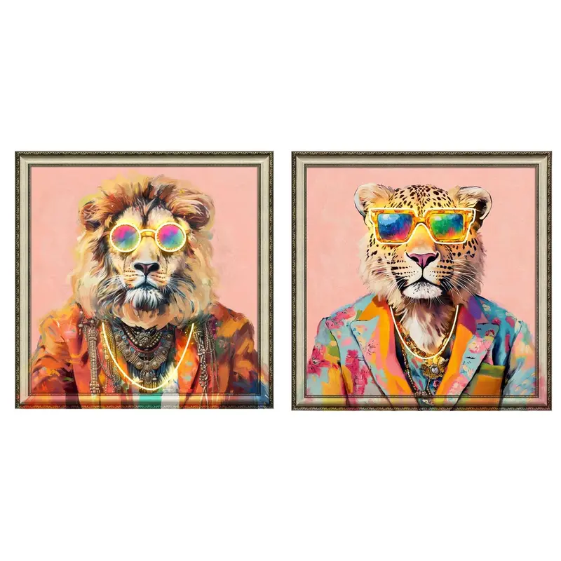 Painting Home Esprit Blue Orange Light Pink Leopard Lion Modern 84 X 4 X 84 Cm (2 Units) 1