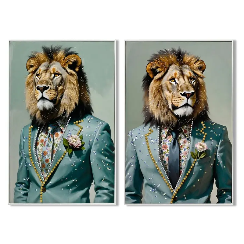 Painting Home Esprit Sky Blue Lion Urban Lacquered 62 X 3,5 X 92 Cm (2 Units) 1