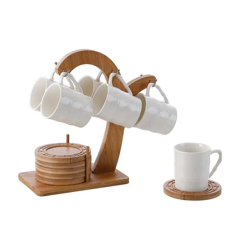 Piece Coffee Cup Set Home Esprit White Natural Bamboo Porcelain 90 Ml 1