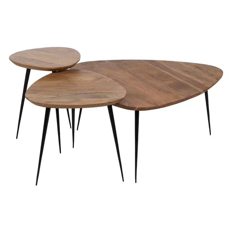 Set Of 3 Tables Black Natural Iron Acacia 86 X 81 X 43 Cm (3 Units) 1