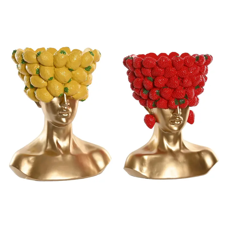 Vase Home Esprit Yellow Red Resin Golden Modern Fruit 28 X 17 X 35 Cm (2 Units) 1